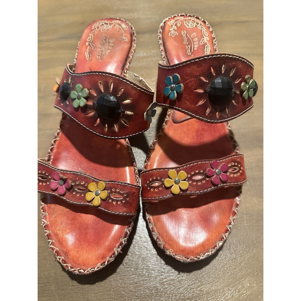 Spring step 42 sandals, Red Leather With Flowers *READ